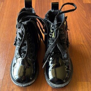 Black Patent Leather Ankle Boots with Lace-Up Design